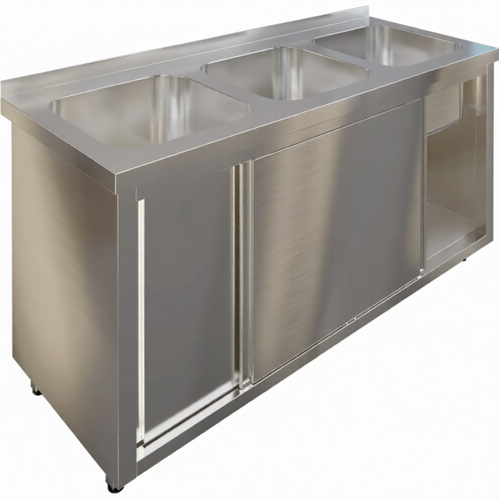 Стол производственный купе СПЗК3М-16/6-Б с моечной ванной и бортом